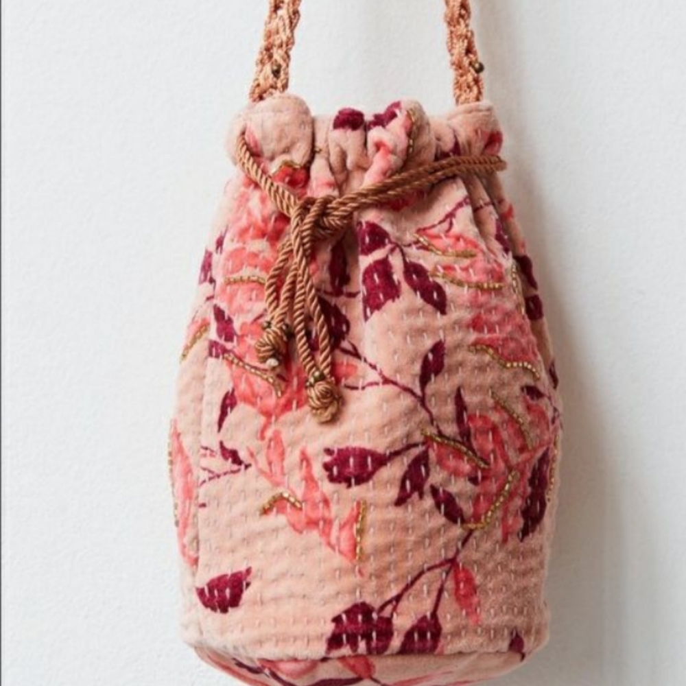 Free People Velvet Moon BNWOT cross body satchel Pink w/ floral design & beading